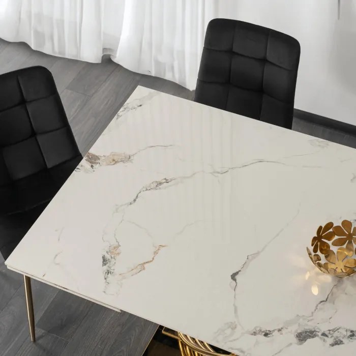 Stół Rozkładany Prostokątny IBIZA 160-240 cm Ceramiczny Biały Marmur/Złoty do Jadalni Nowoczesny Glamour
