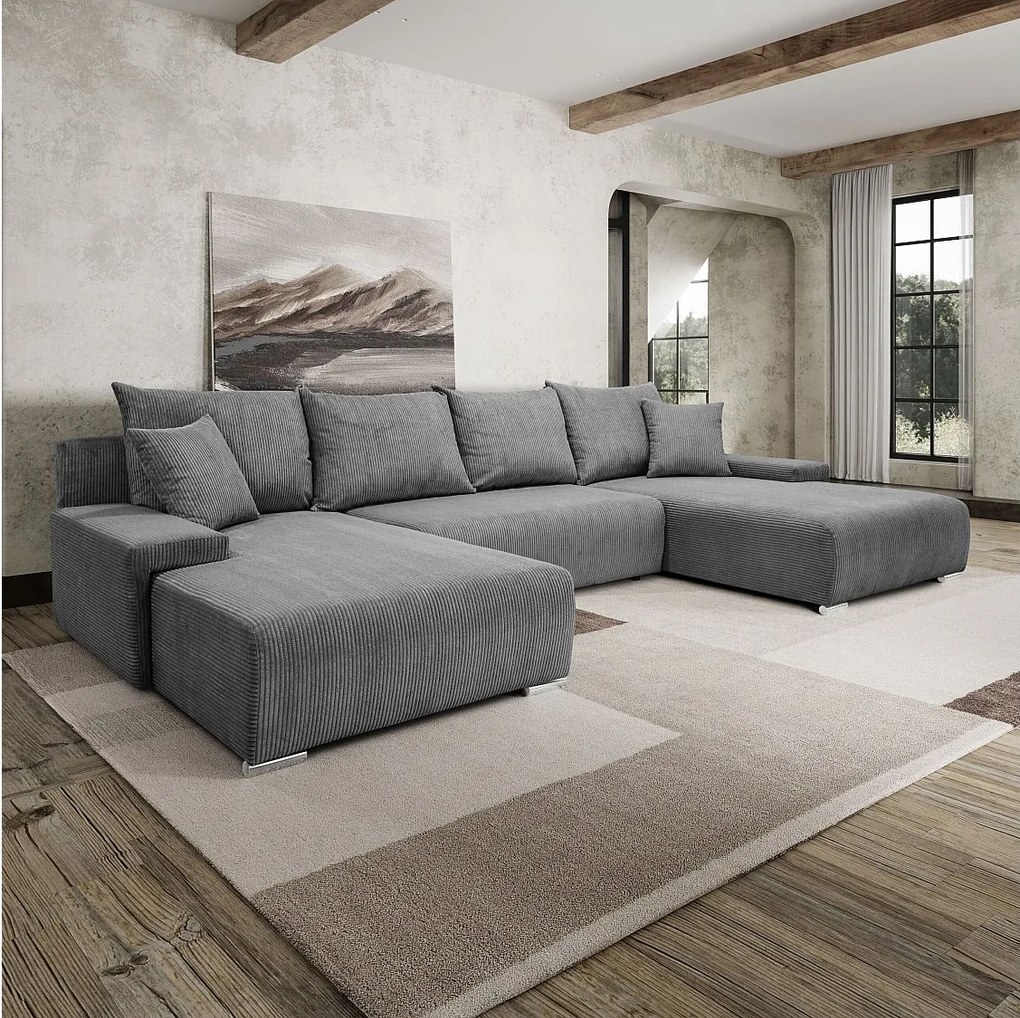 Narożnik, Sofa w kształcie U, tkanina sztruksowa Poso, Szary, Livorno U