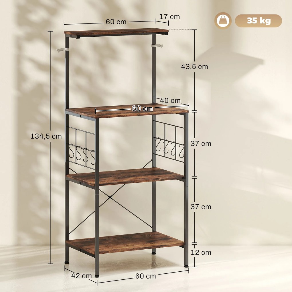 HOMCOM Regał kuchenny, 4-poziomowy design, powierzchnia robocza, 8 haczyków, metalowe rury, brązowy+czarny