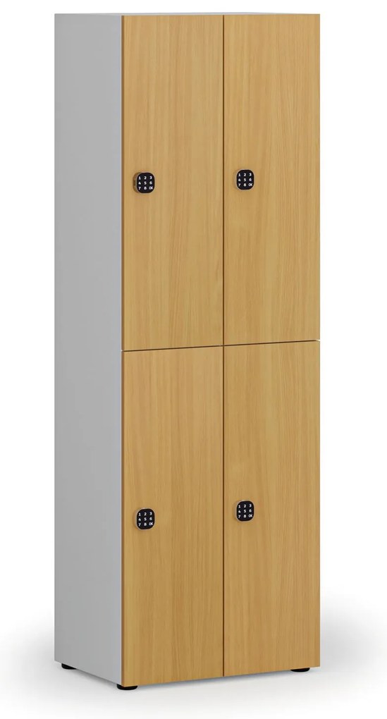 Drewniana szafka skrytkowa S4, 4 schowki, demontaż, zamek kodowy, szary/buk