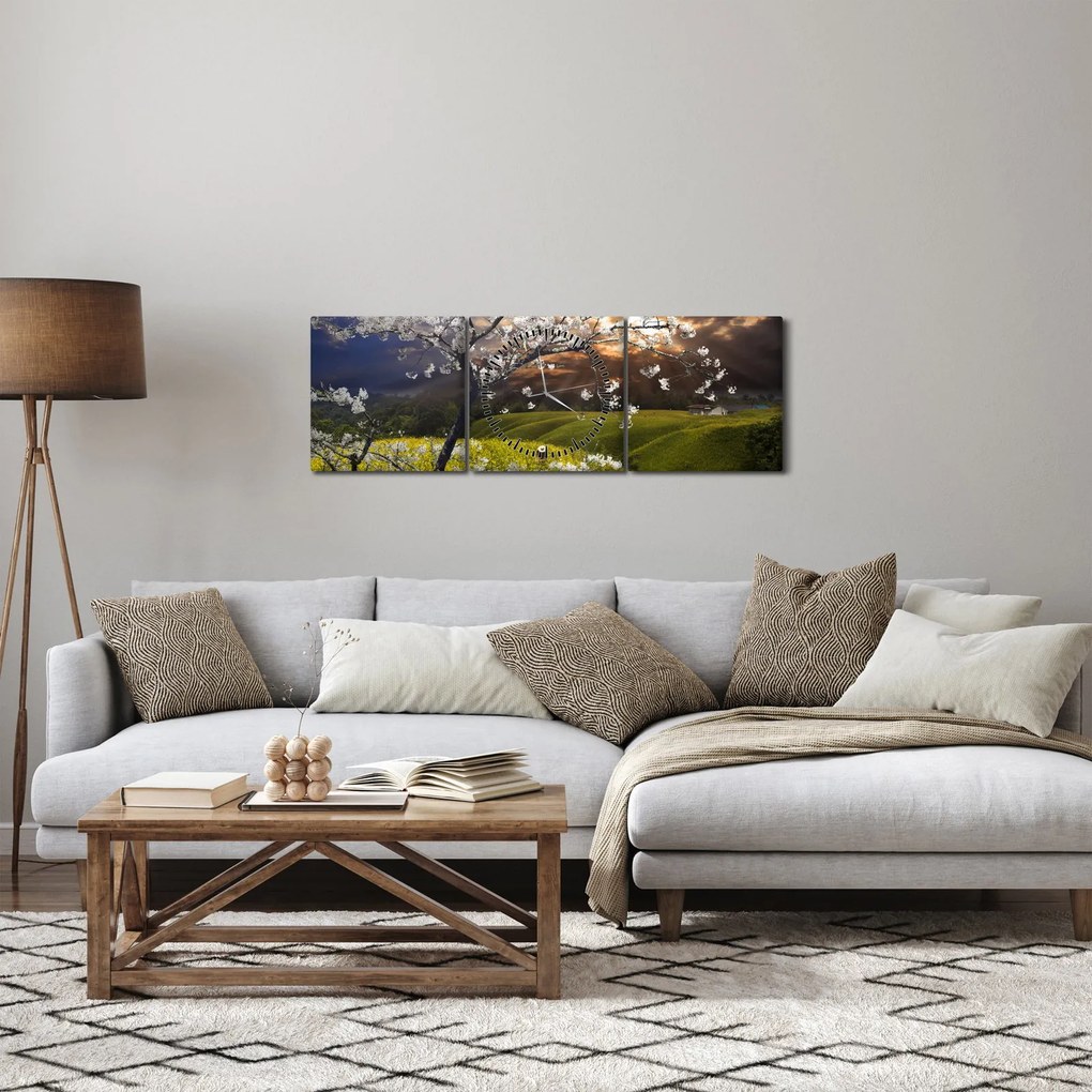Obraz - Kwitnące drzewo w krajobrazie (z zegarem) (90x30 cm)
