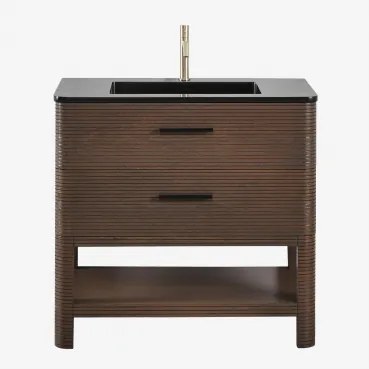 Zestaw Mebli Łazienkowych Z Drewna Z Wbudowaną Umywalką Misene Ciemna Czerń & Bezlusterkowiec & - Sklum