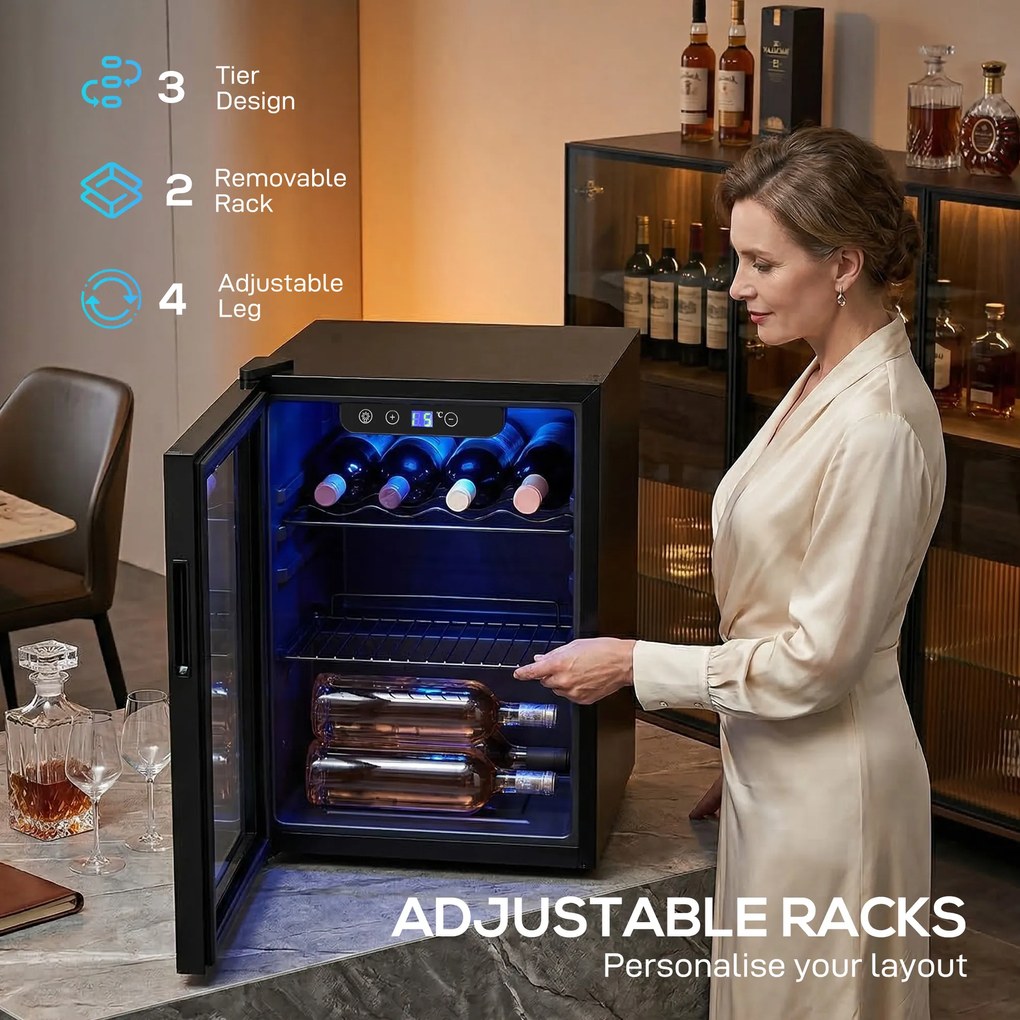 HOMCOM Chłodziarka do wina na 16 butelek, 48 L pojemności, temperatura 4–16°C, podblatowa lodówka na napoje i piwo, z szklanymi drzwiami i LED światłem | Aosom PL