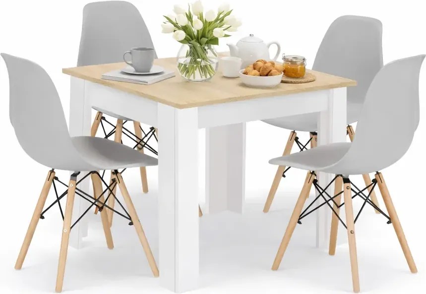 Stół biały + dąb sonoma z szarymi krzesłami 4 sztuki P1-R74