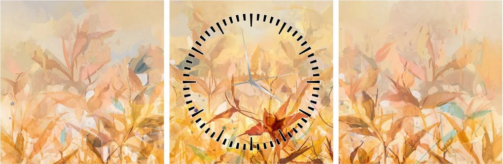 Obraz - Liście w jesiennych kolorach, obraz olejny (z zegarem) (90x30 cm)