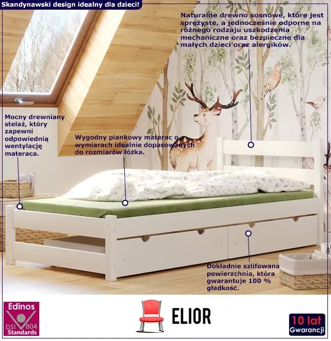 Białe drewniane łóżko z szufladami T8-F85