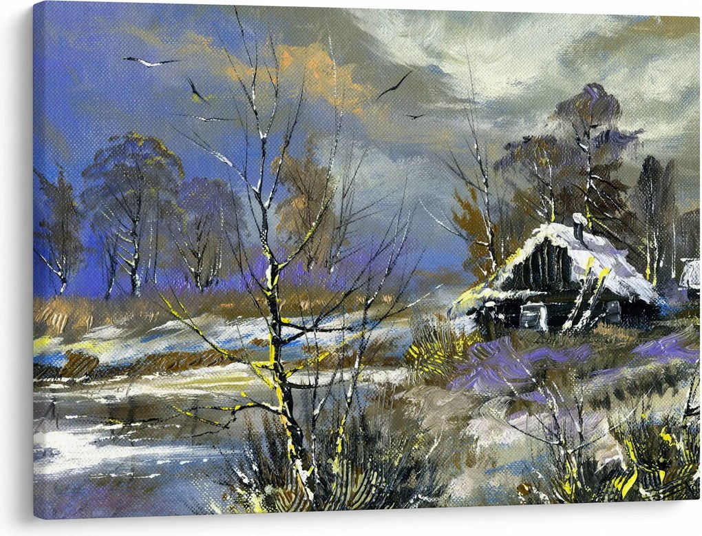 Obraz chaty w zimowym krajobrazie, obraz olejny (70x50 cm)