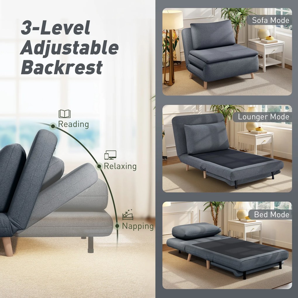 HOMCOM Fotel do spania 3-w-1 z funkcją łóżka, leżanka, regulowane oparcie, nogi z drewna bukowego, poduszka, szary