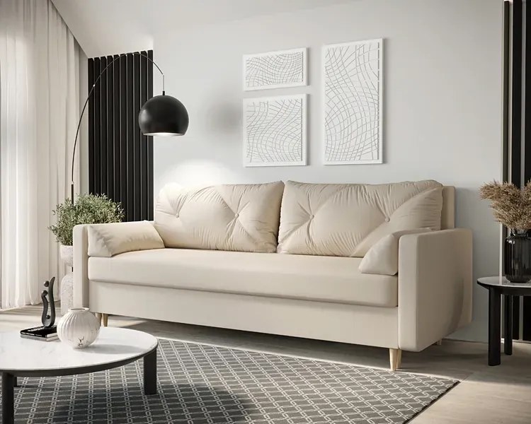 Kremowa tapicerowana welurem sofa rozkładana - Petra