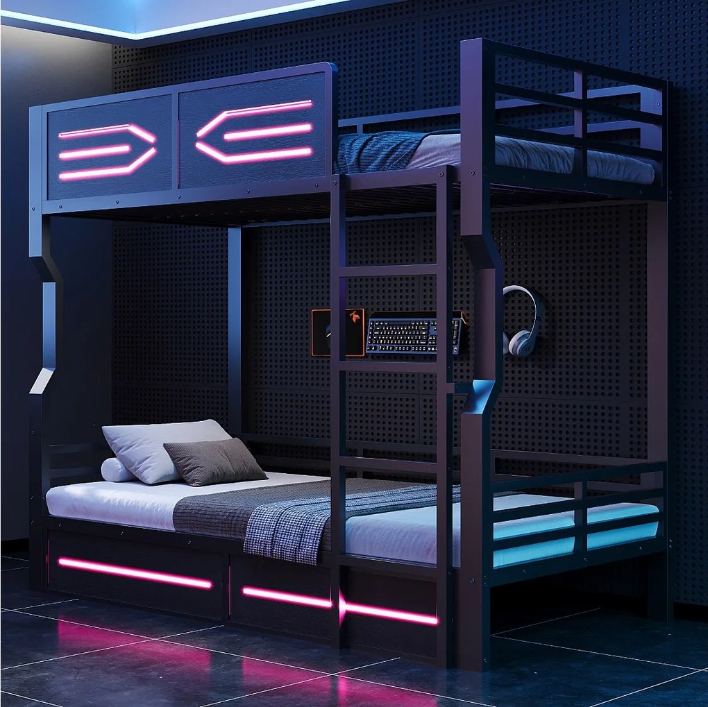 Łóżko piętrowe dla dzieci z kutego żelaza - 2 x 90 x 200 cm - z diodami LED + barierki zabezpieczające - MDF + metal - czarne