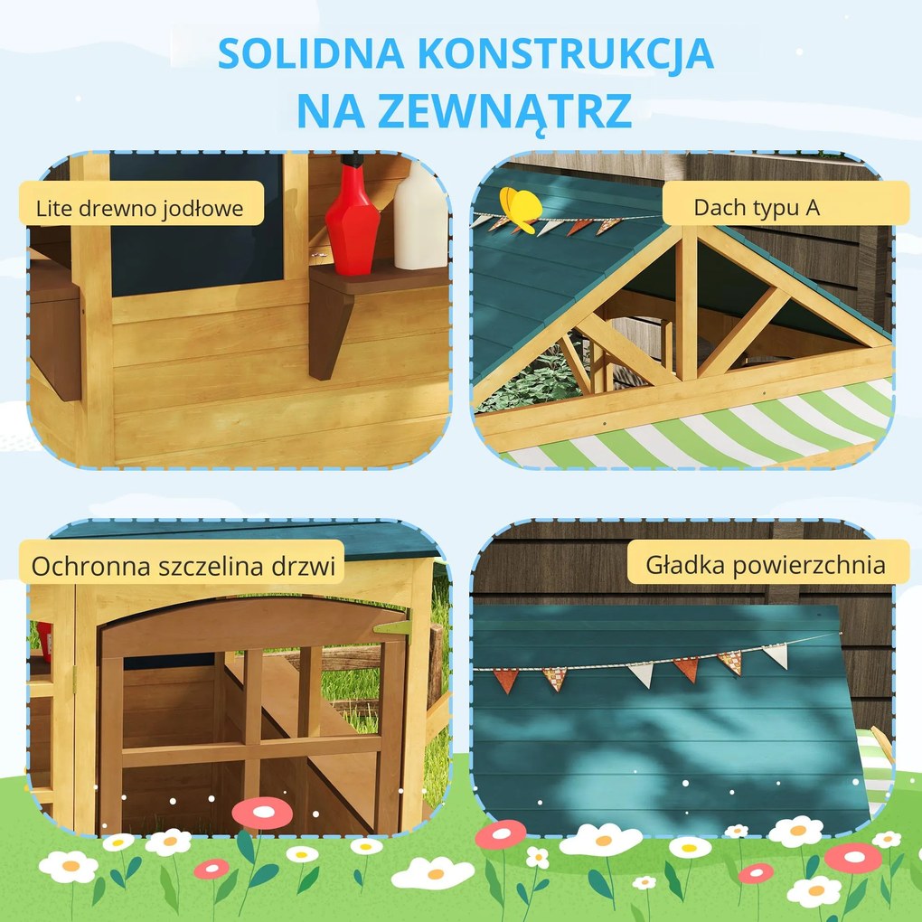 AIYAPLAY Drewniany domek do zabawy Tannenholz, Składany domek z oknami, drzwiami, dla dzieci w wieku 3-8 lat, Brązowy+Niebieski