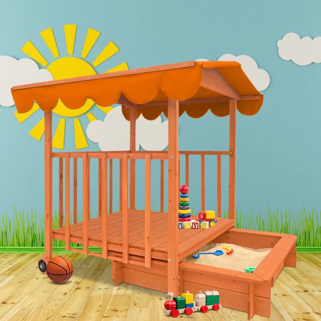 Piaskownica z werandą HAPPY, 130x130x143cm, brązowa/pomarańczowa Jurhan