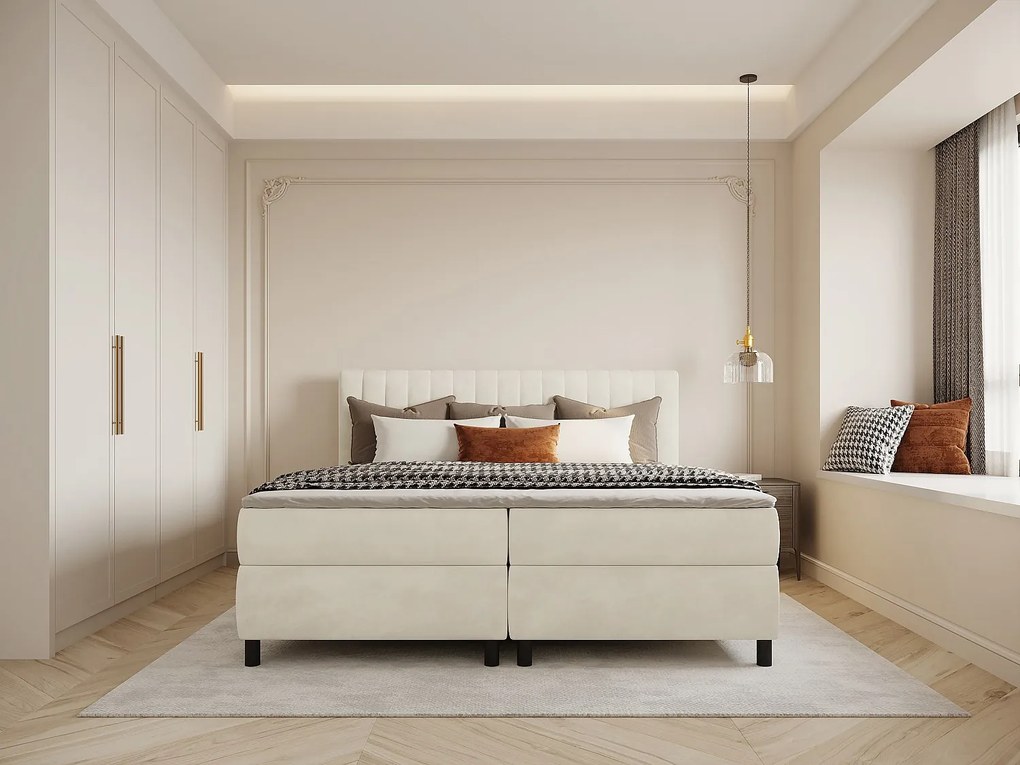 Kompletny zestaw boxspring z zagłówkiem z pionowymi szwami + stelaż + materac + materac nawierzchniowy - 2 x 90 x 200 cm - Welur - Beż - DONISI od PALACIO