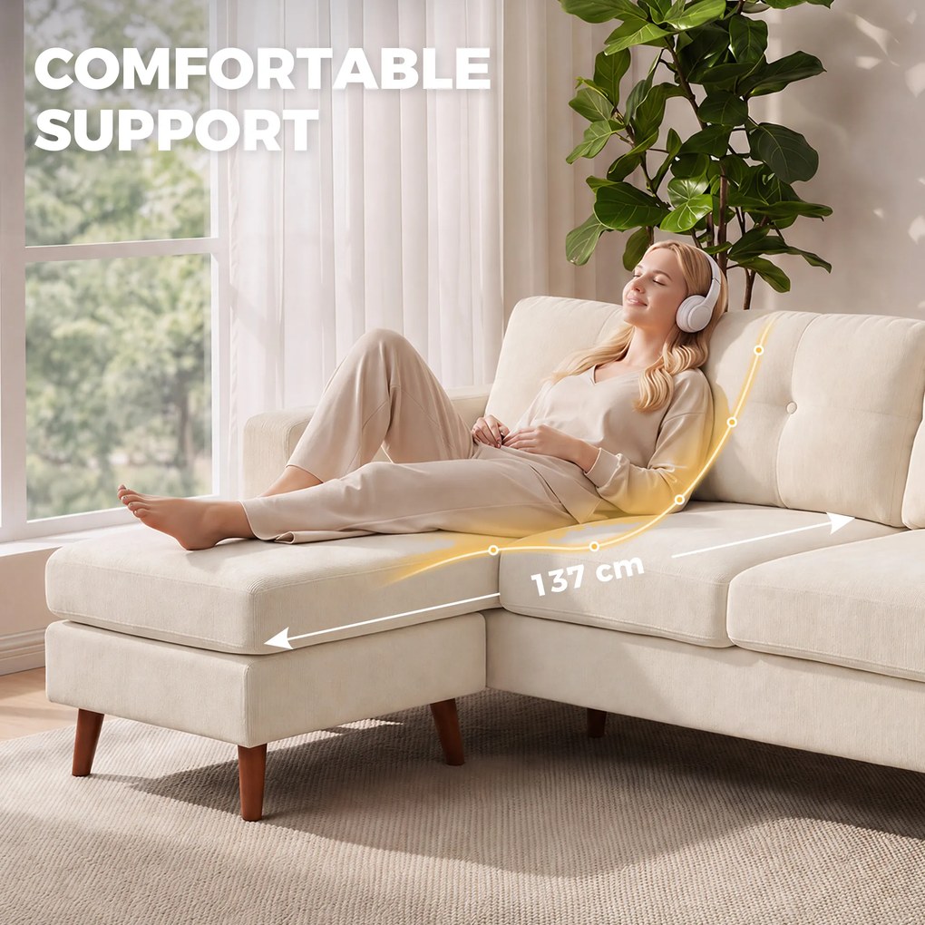 HOMCOM Narożnik 192 cm L-kształt 3-osobowa sofa z odwracalnym szezlongiem, wygląd sztruksu, do małych pomieszczeń, kremowo-biały | Aosom PL