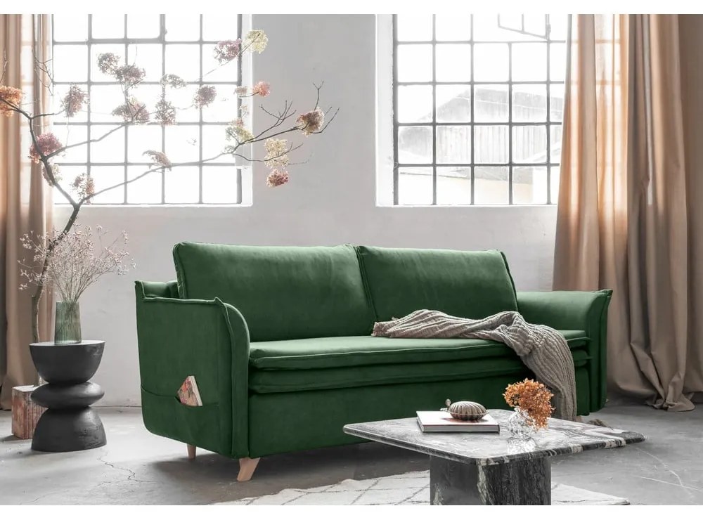 Zielona aksamitna rozkładana sofa 225 cm Charming Charlie – Miuform