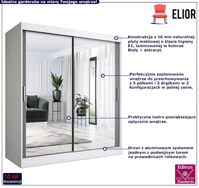 Szafa przesuwna z lustrem biel + antracyt 180 cm - Kukkin 5X