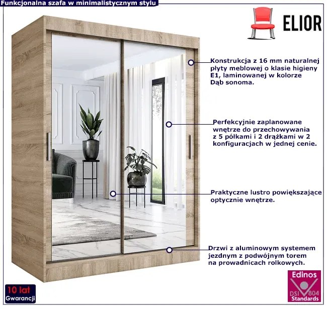 Szafa przesuwna z lustrem dąb sonoma 150 cm - Kukkin 4X