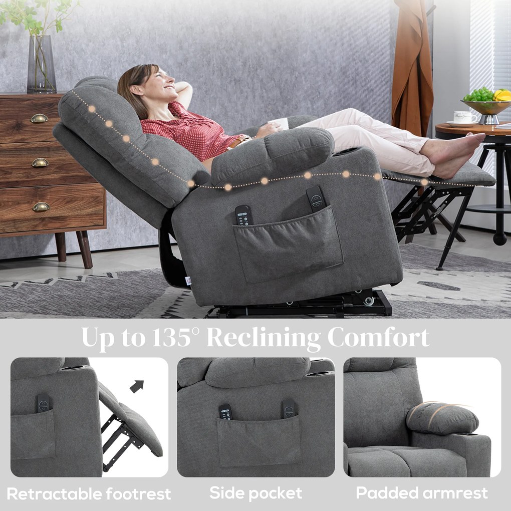 HOMCOM Fotel dla seniora z funkcją leżenia i pilotem szary 144 cm x 91 cm x 88 cm idealny do pomocy przy wstawaniu | Aosom PL