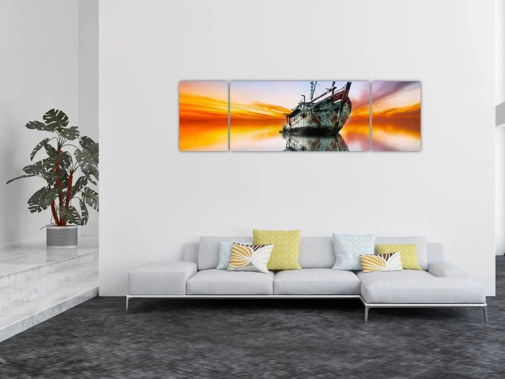 Obraz - Wschód słońca nad wrakiem łodzi (170x50 cm)