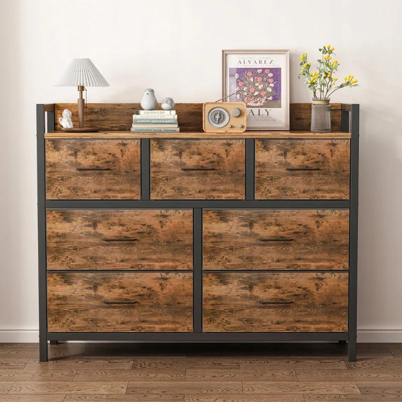 Komoda rustykalna brązowa z 7 szufladami – 98 × 85 × 28,5 cm, styl industrialny loft
