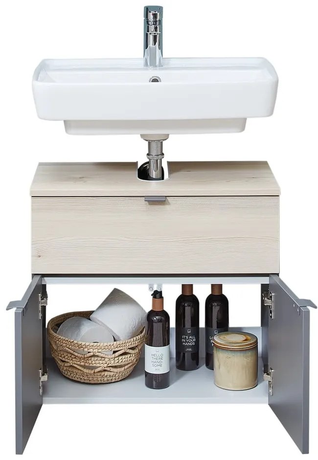 Szara/w naturalnym kolorze wisząca szafka bez umywalki w dekorze sosny 53x60 cm Quickset 394 – Pelipal
