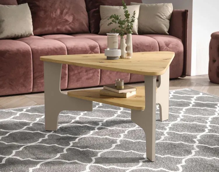 Trójkątny stolik kawowy z półką dąb artisan + kaszmir B2-P30
