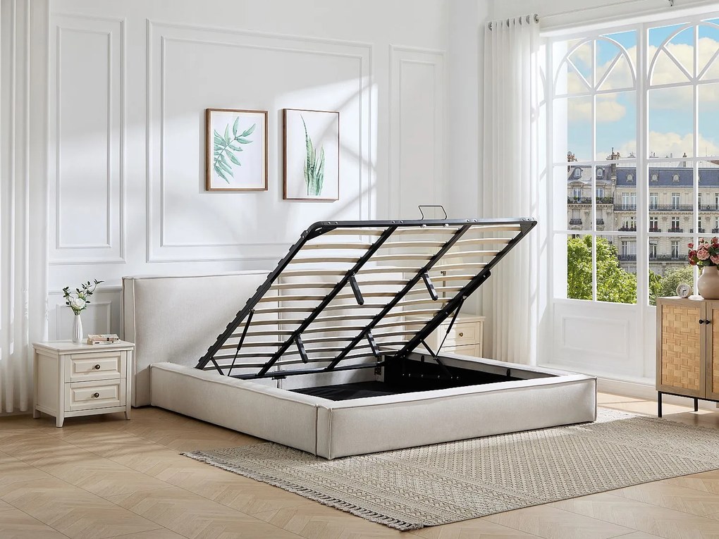 Łóżko ze skrzynią 180 x 200 cm - Tkanina - Beżowe + Materac - TAVESO