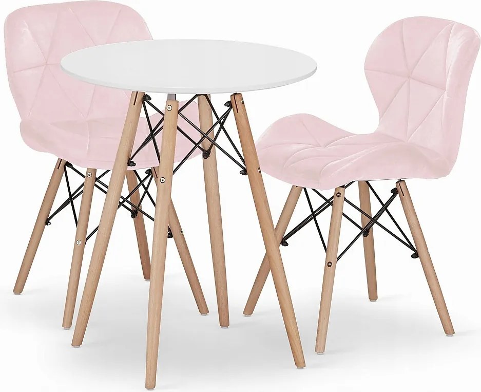 Zestaw obiadowy Valora | Okrągły stół KOVA 60 cm, biały + 2 różowe krzesła WAKO