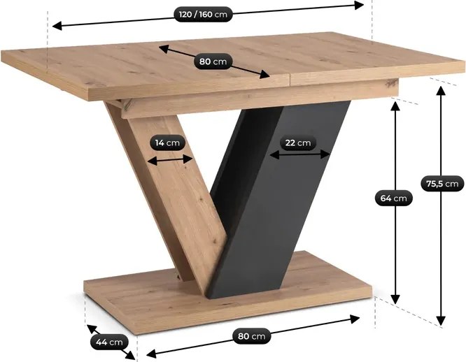 Stół Prostokątny Rozkładany CLARK 120-160 cm Dąb Artisan/Czarny Nowoczesny