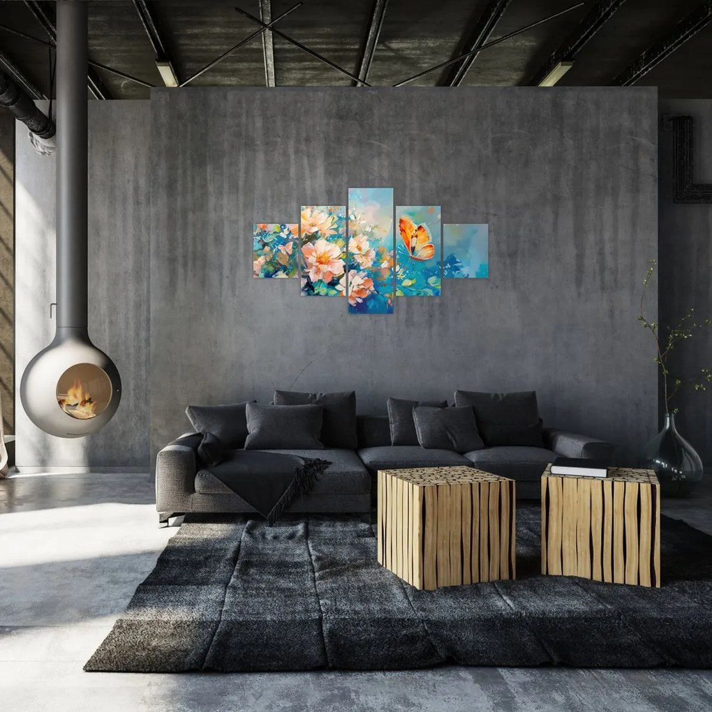 Obraz - Motyl i kwiaty, obraz olejny II. (125x70 cm)