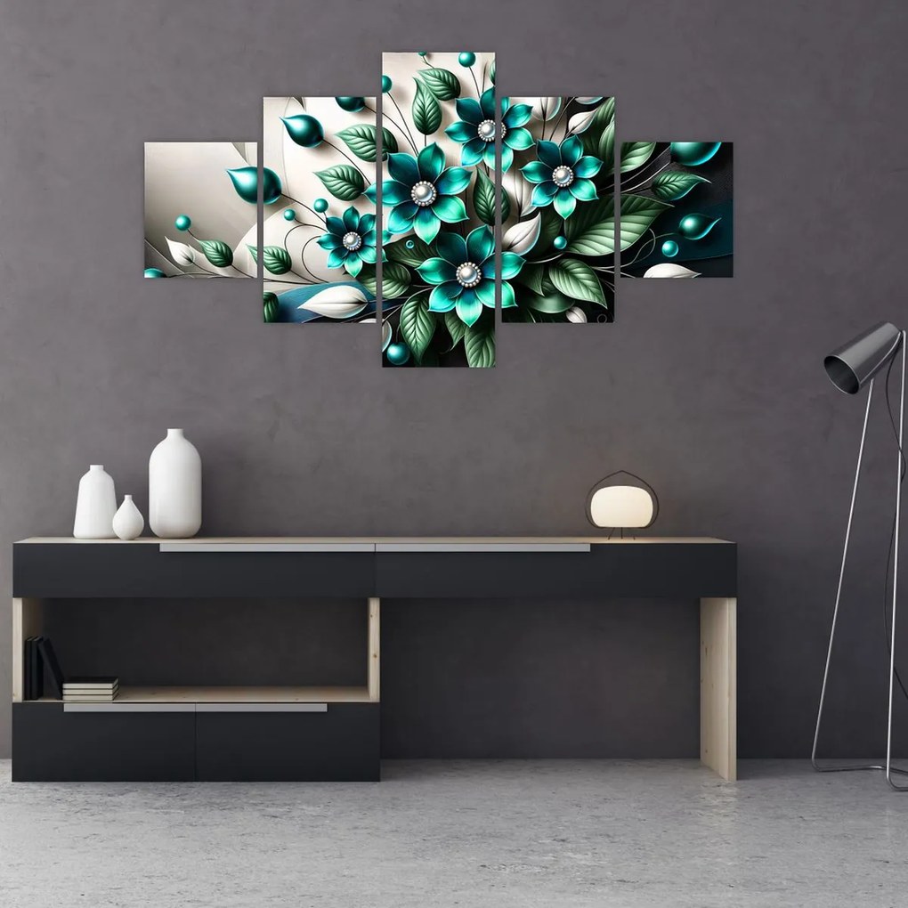 Obraz - 3D turkusowe kwiaty (125x70 cm)