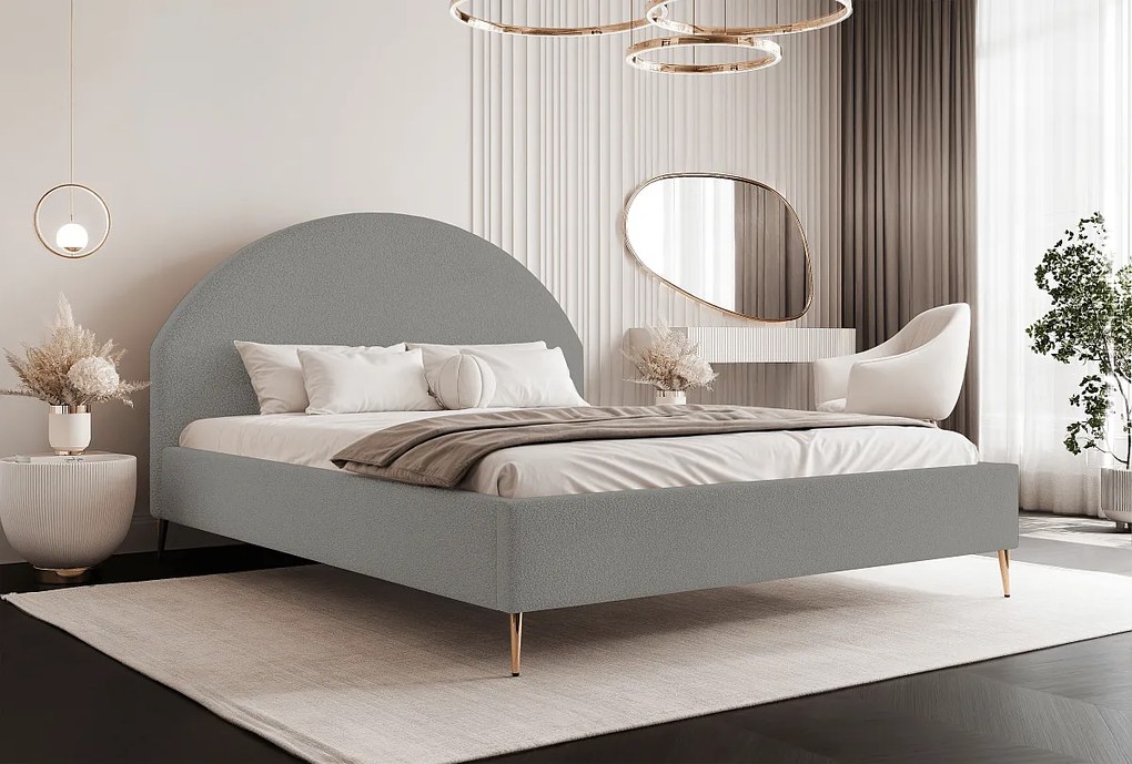 BESILIO Łóżko tapicerowane Boucle 180x200 Velora II - stelaż listwowy, wezgłowie, pojemnik, łóżko slim, wysokie złote nogi - Jasnoszary