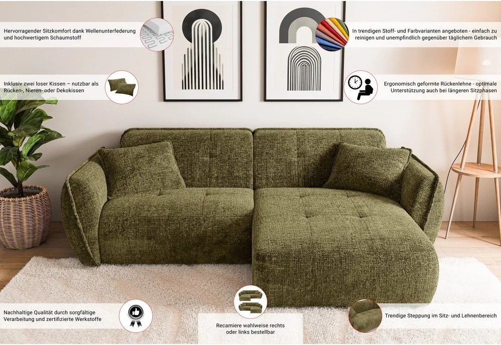 Zielony narożnik z tkaniny szenilowej (prawostronny/z szezlongiem) Nelia – Ropez
