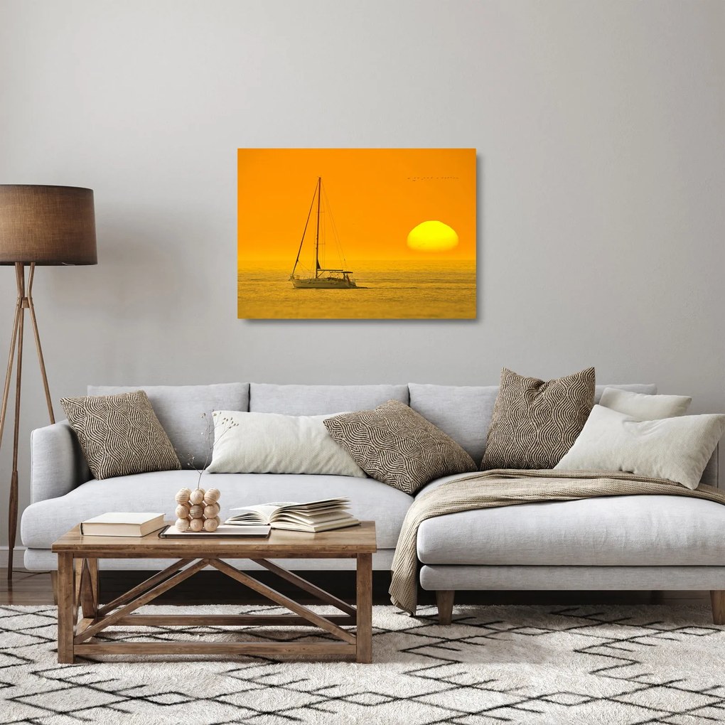 Obraz na szkle - Łódź na środku morza (70x50 cm)