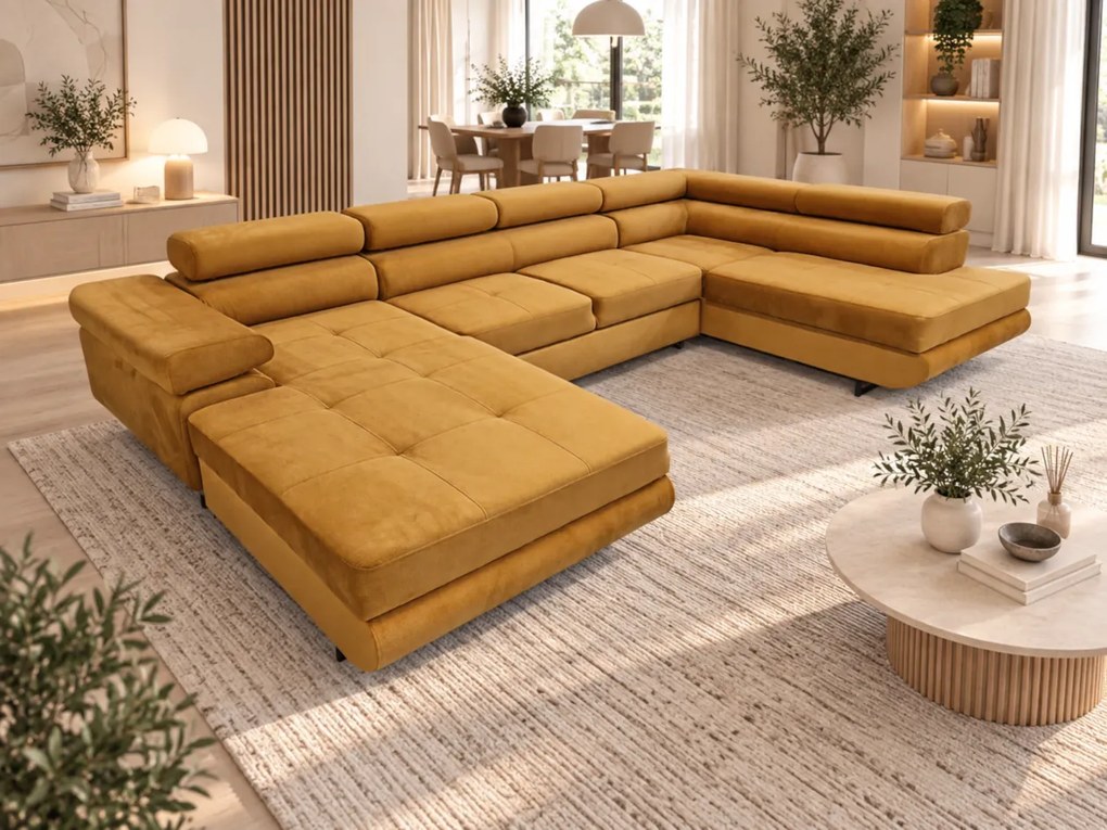 Duża sofa narożna z regulowanymi zagłówkami i pojemnikiem na pościel, złoty/musztardowy, Aspen U, prawy