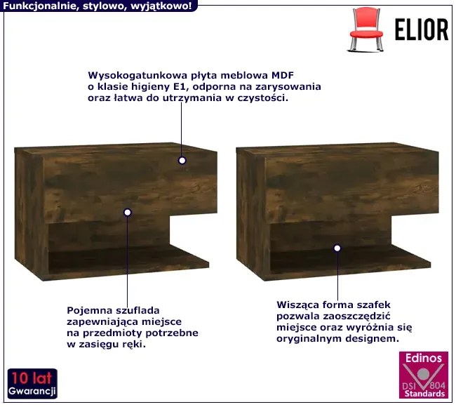 Komplet wiszących szafek nocnych w kolorze opalany dąb - Nidan