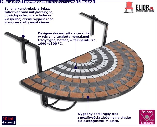 Stolik balkonowy z mozaiką terakota w kolorze i czerń Z5-Z39