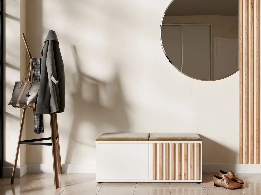 Biała szafka na buty z siedziskiem i lamelami G2-B61