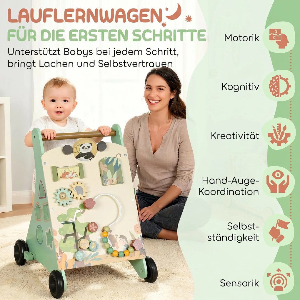 AIYAPLAY Pchacz drewniany Montessori pomoc w nauce chodzenia z regulacją prędkości, cymbałki, zębatki i labirynt z koralikami, zielony | Aosom PL