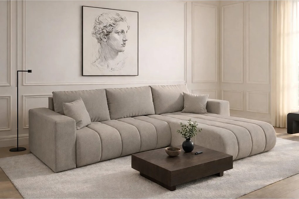 Narożnik z funkcją spania i pojemnikiem MILO PREMIUM, tkanina Wind, Szary, Prawy