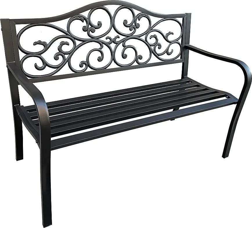 Czarna ławka ogrodowa IRGA ze stalowymi nogami i żeliwnym oparciem szerokość 127 cm
