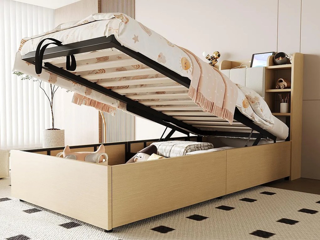 Łóżko z pojemnikiem z drewna 90×200 cm - zagłówek ze schowkiem - z portami USB + Type-C - naturalne (materac nie jest dołączony)