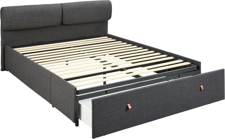 Ciemnoszare tapicerowane łóżko dwuosobowe ze schowkiem i stelażem 160x200 cm Calvi – Actona