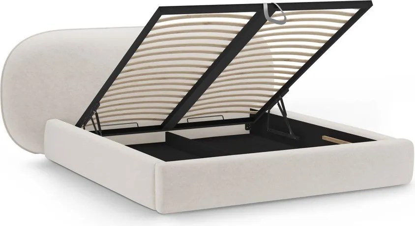 Kremowe tapicerowane łóżko dwuosobowe ze schowkiem i stelażem 160x200 cm Ovalo – Micadoni