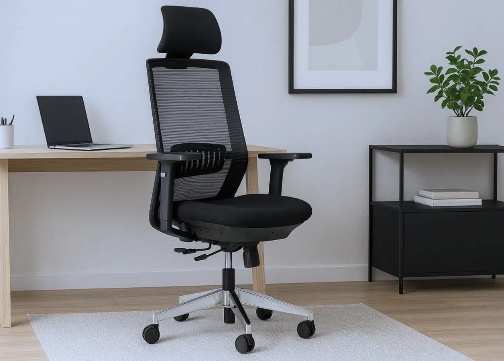 Najwyższej klasy fotel biurowy z pełną regulacją 3D (podłokietniki, zagłówek, lędźwie, głębokości siedziska. Ergonomiczne oparcie, baza chromowana. Odporność 110k cykli Martindale'a. Zgodny z normą BHP 2023. Super cena!