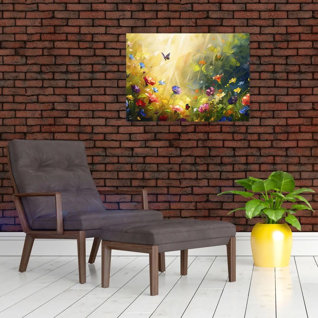 Obraz na szkle - Wiosenna łąka kwiatowa, malarstwo (70x50 cm)