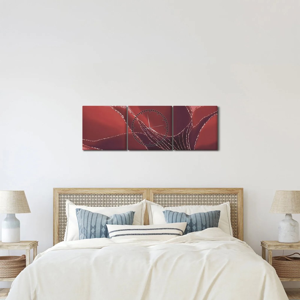 Obraz - Czerwony abstrakcyjny kwiat N⁰2 (z zegarem) (90x30 cm)