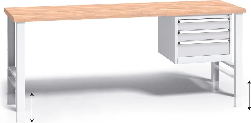 Stół warsztatowy z regulacją wysokości G3, 2000 x 685 x 840-1050 mm, 1x 3 szufladowy kontener, szary