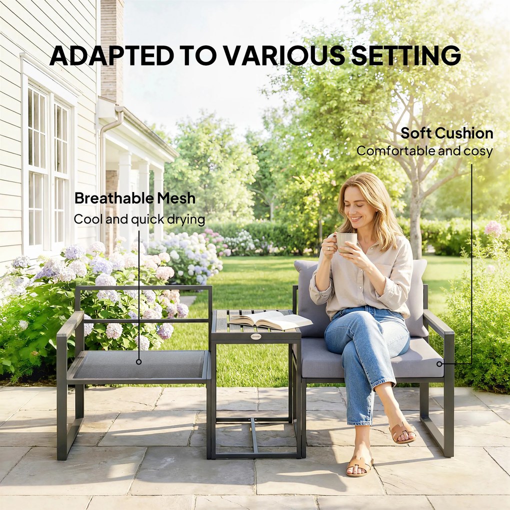 Outsunny 3-częściowy zestaw mebli balkonowych: 2 fotele ze stolikiem, zdejmowane poduszki na siedzisko i oparcie, oddychające pokrowce, szary | Aosom PL