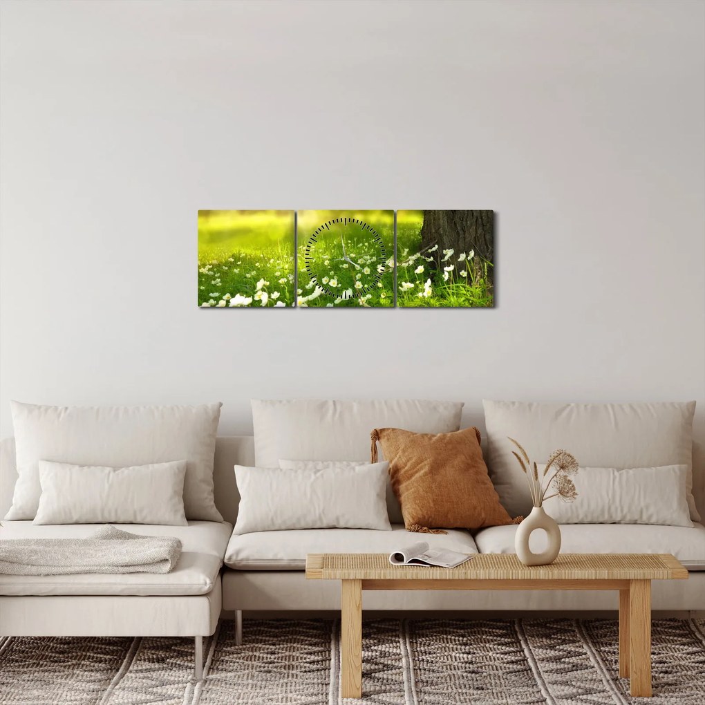 Obraz polany i kwiatów (z zegarem) (90x30 cm)